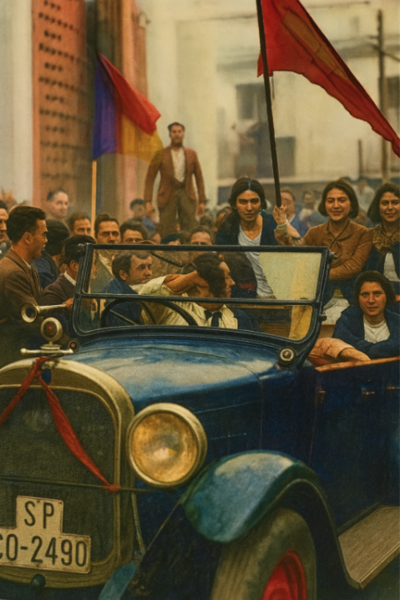 Archivo:Plaza de la Compañía. Proclamación de las II República. 14 de abril de 1931. Foto coloreada. Estudiantes de la Federación Universitaria Escolar (FUE) Coloreada.png