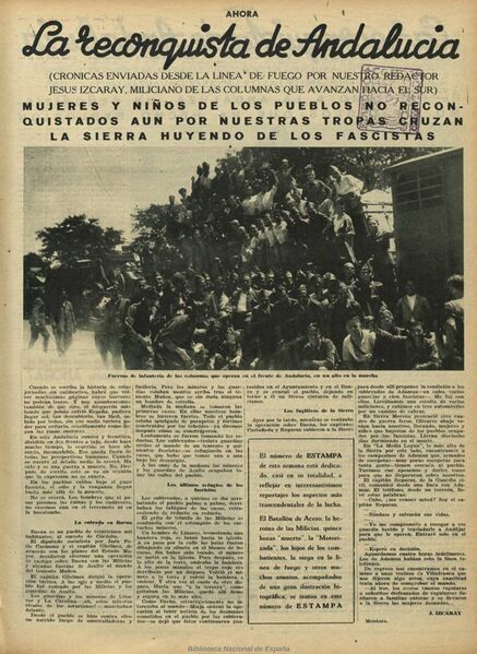 Archivo:Mujeres y niños huyen de los pueblos. Crónica del Frente de Córdoba. Jesúz Izcaray. Ahora-Madrid-9-8-1936-3.jpg.jpg