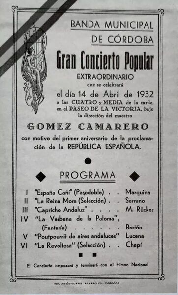 Archivo:Banda Municipal de Córdoba. Gran Concierto Popular. 1er aniversario de la proclamación de la II República (1932).jpg