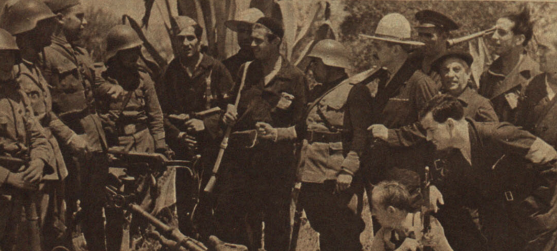Archivo:Antonio Jaén Morente en el frente de Córdoba junto a soldados y delegado de gobierno. Ahora 4 de agosto de 1936..png