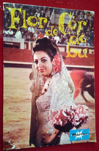 Archivo:Foto postal promocional distribuidora 70's Marfer Flor de Córdoba (dorso lista singles) flamenco.jpg