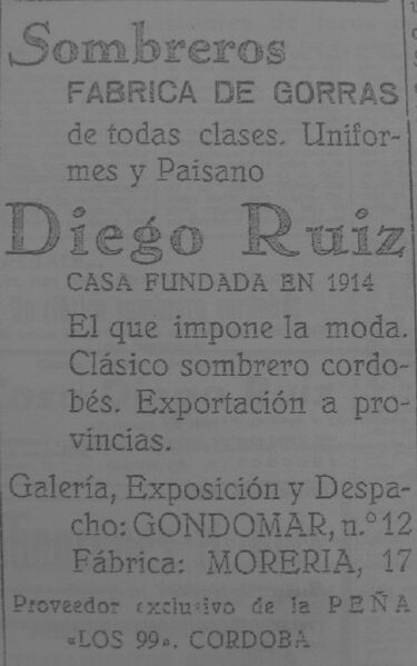 Archivo:Anuncio en prensa escrita de Sombrerería Diego Ruiz (1936).jpg