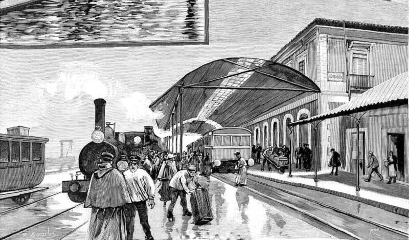 Archivo:1892-03-22, La Ilustración Española y Americana, El temporal en Andalucía, Juan Comba (cropped) Estación de Córdoba, Llegada de un tren de viajeros, procedente de Madrid.jpeg