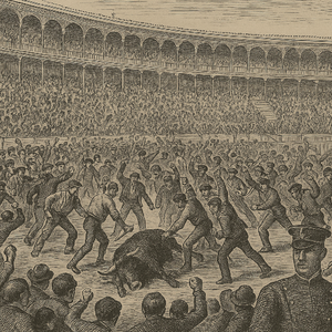 Grabado por IA recreando cómo centenares de personas acabaron con un toro (1912).png