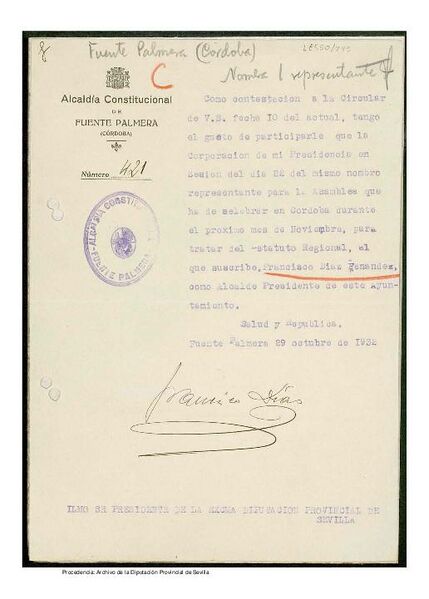 Archivo:Escrito del alcalde Francisco Díaz Fernández de Fuente Palmera (1932).jpg