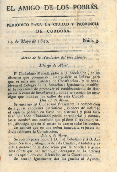 Archivo:El amigo de los Pobres. Periódico para la ciudad y provincia de Córdoba (14 de mayo de 1820).png